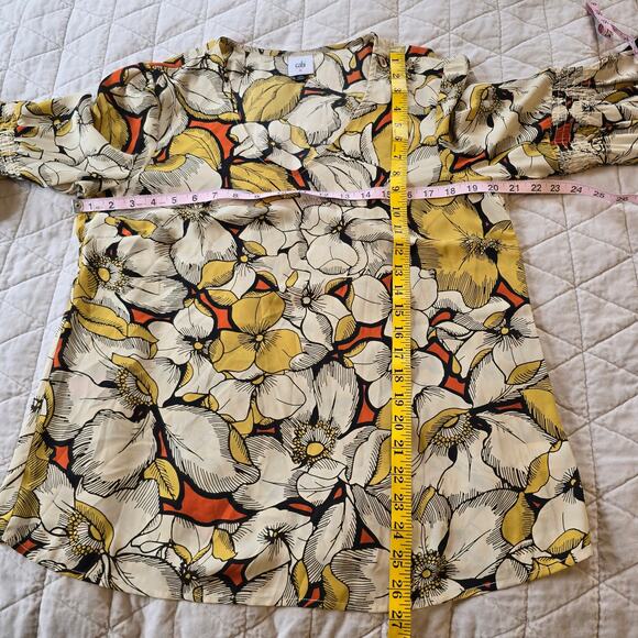 Cabi Sequel Blouse Women's M Yellow Orange Large Floral Poet Sleeve Career Boho - Picture 8 of 9